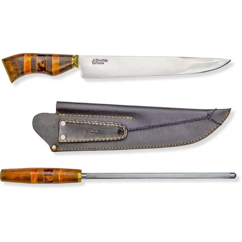 Brazilian-Flame-10_-Yellow-Traditional-Line-Stainless-Steel-Knife-3mm-with-Sharpener-and-w_Case-Rib-Set-1