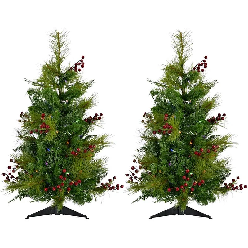 Christmas-Time-2ft-Red-Berry-Mixed-Pine-Porch-2-Trees-MultiLED