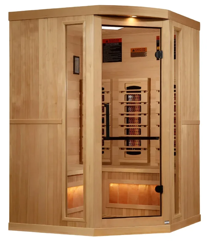 Golden-Designs-3-Person-PureTech-Near-Zero-EMF-FAR-Infrared-Corner-Sauna-with-Himalayan-Salt-Bar